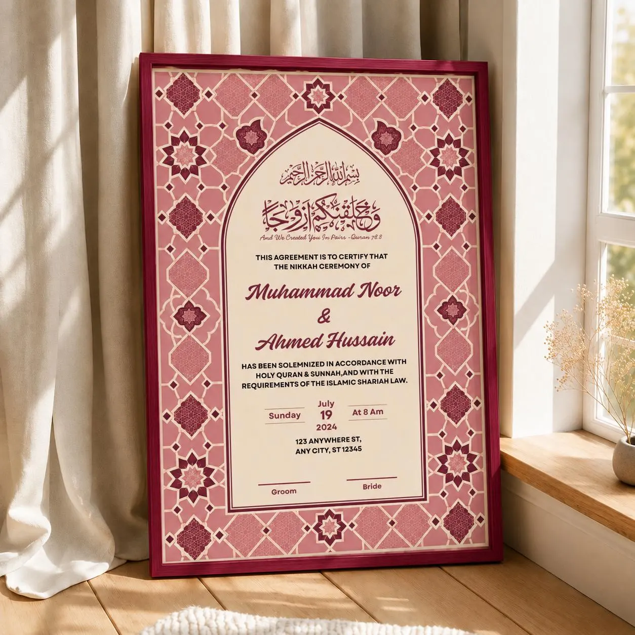 Editable Pink Nikkah Certificate Canva Template, Muslim Wedding Contract, A3 A4 Digital Download - image 2