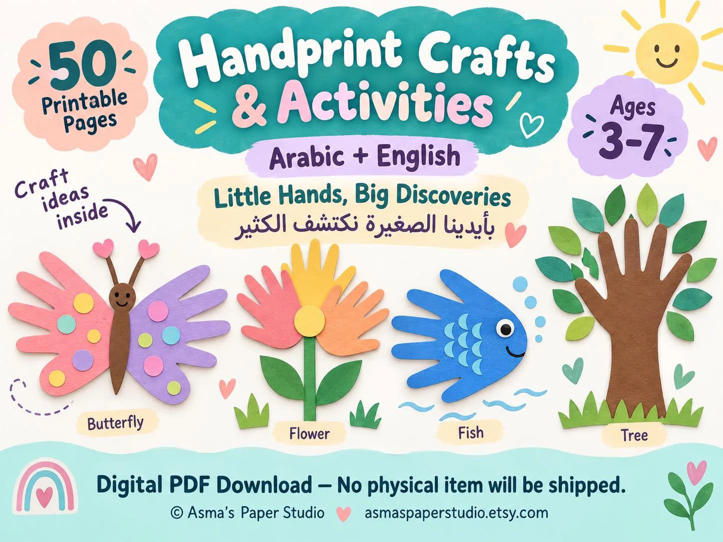 Handprint Craft Workbook for Kids Ages 3–7 | Arabic English Activities | 50 Printable Pages | Cut and Paste PDF