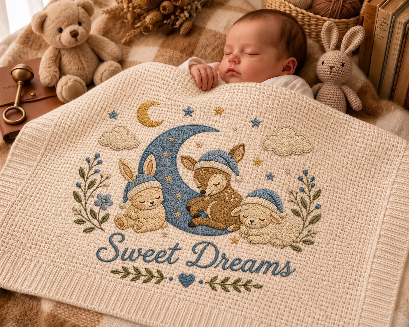 Personalized Baby Blanket, Custom Name Blanket, Baby Shower Gift, Soft Knit Nursery Decor, Embroidered Sleeping Deer Bunny & Lamb Throw - image 3