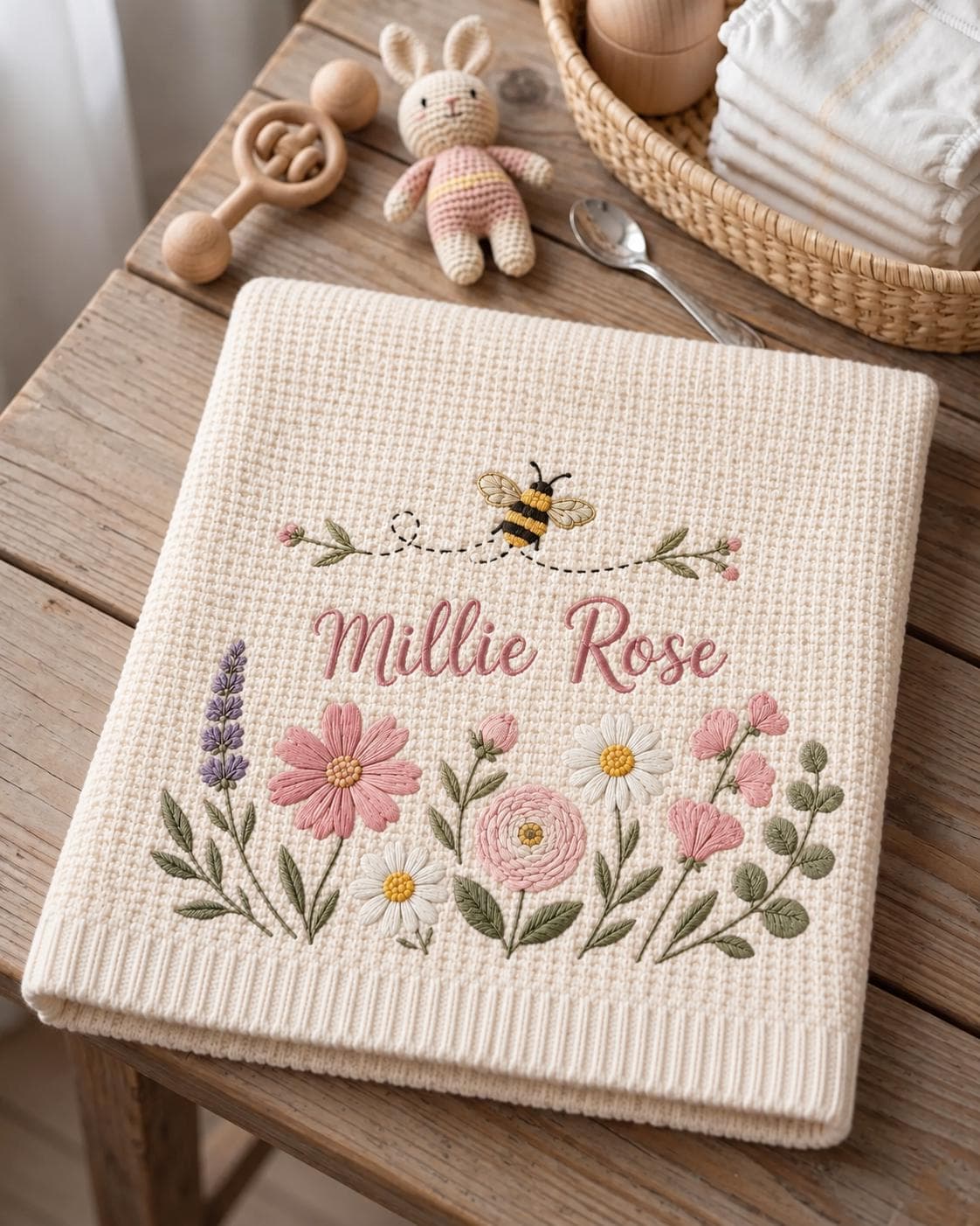 Personalized Floral Baby Blanket, Custom Name Knitted Baby Blanket, Newborn Keepsake Gift, Nursery Throw, Baby Shower Gift - image 5