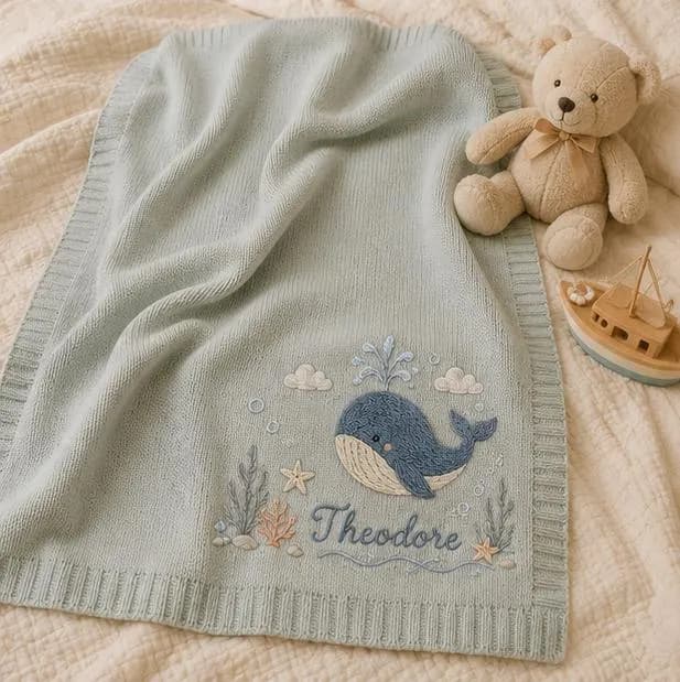 Personalized Baby Blanket Custom Name Embroidered Whale Blanket, Ocean Nursery Knit Blanket, Newborn Baby Shower Gift - image 4