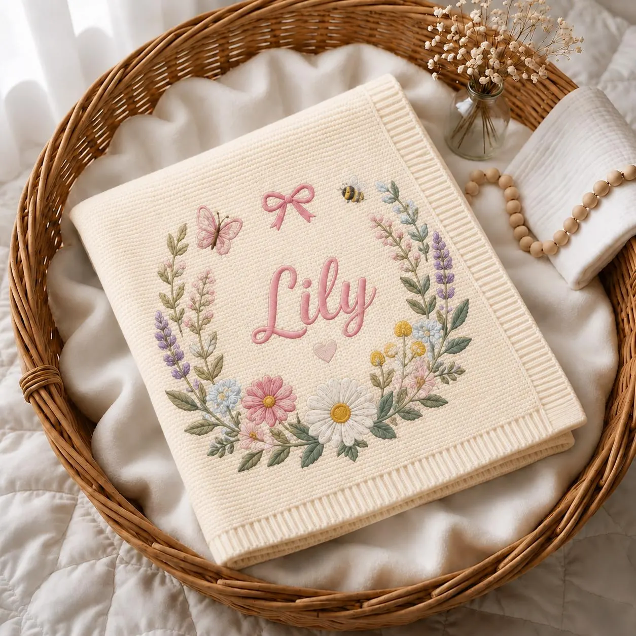 Personalized Baby Blanket, Custom Name Knit Blanket, Wildflower Wreath Baby Blanket, Baby Girl Nursery Gift, Newborn Keepsake - image 3