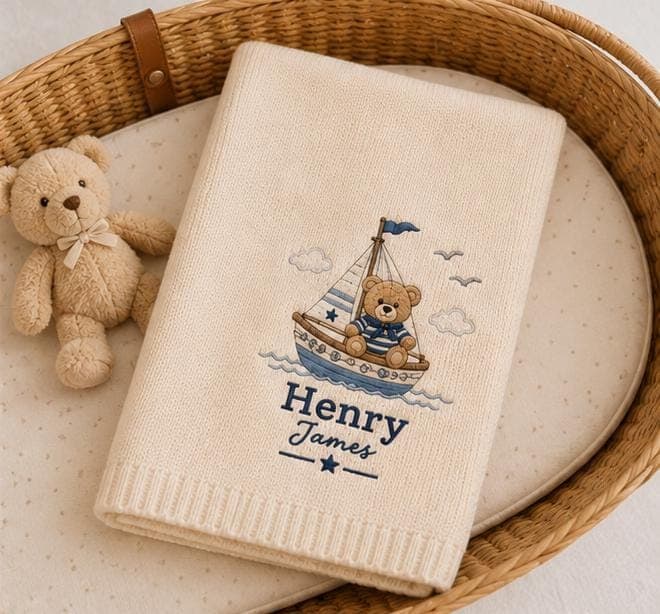 Personalized Teddy Bear Baby Blanket with Name, Custom Embroidered Nautical Blanket, Sailboat Nursery Blanket, Baby Shower Gift - image 4