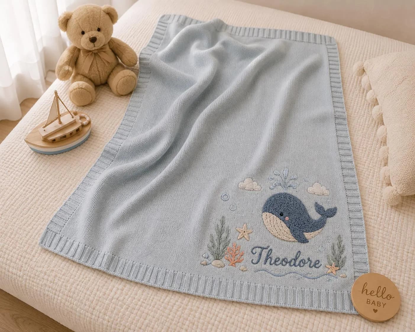 Personalized Baby Blanket Custom Name Embroidered Whale Blanket, Ocean Nursery Knit Blanket, Newborn Baby Shower Gift