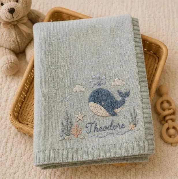 Personalized Baby Blanket Custom Name Embroidered Whale Blanket, Ocean Nursery Knit Blanket, Newborn Baby Shower Gift - image 5