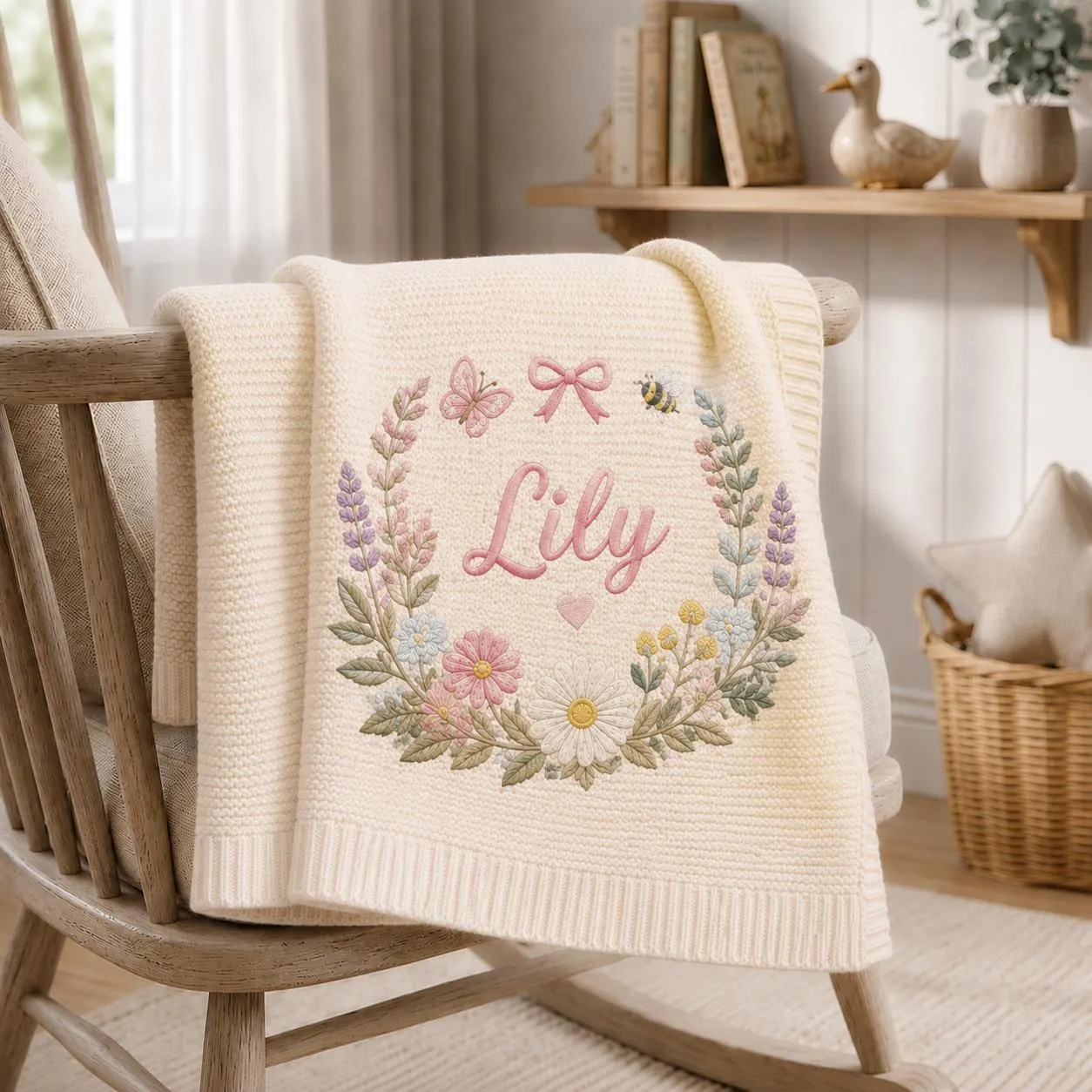 Personalized Baby Blanket, Custom Name Knit Blanket, Wildflower Wreath Baby Blanket, Baby Girl Nursery Gift, Newborn Keepsake - image 5