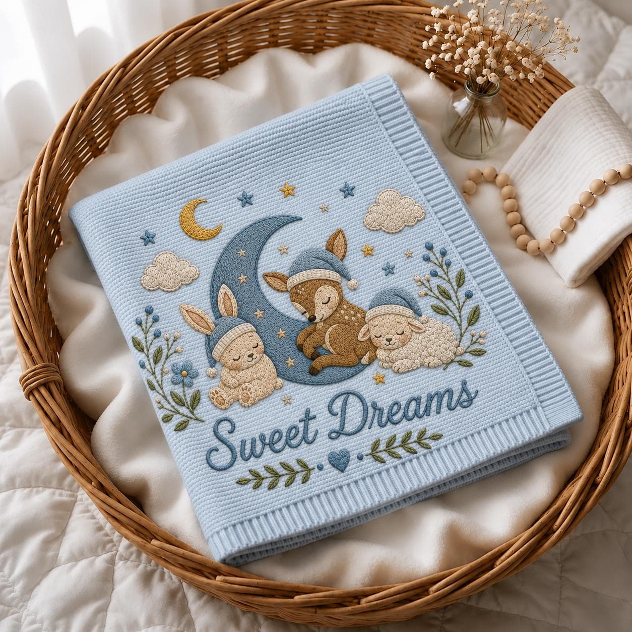 Personalized Baby Blanket, Custom Name Blanket, Baby Shower Gift, Soft Knit Nursery Decor, Embroidered Sleeping Deer Bunny & Lamb Throw - image 2