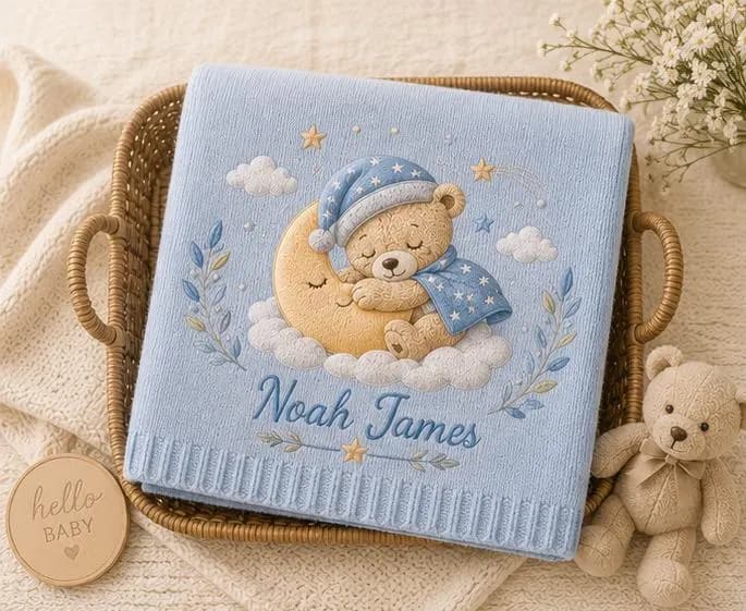 Custom Name Baby Blanket, Personalized Teddy Bear Embroidered Blanket, Newborn Baby Shower Gift, Soft Knit Nursery Blanket - image 3