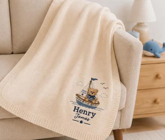 Personalized Teddy Bear Baby Blanket with Name, Custom Embroidered Nautical Blanket, Sailboat Nursery Blanket, Baby Shower Gift - image 3