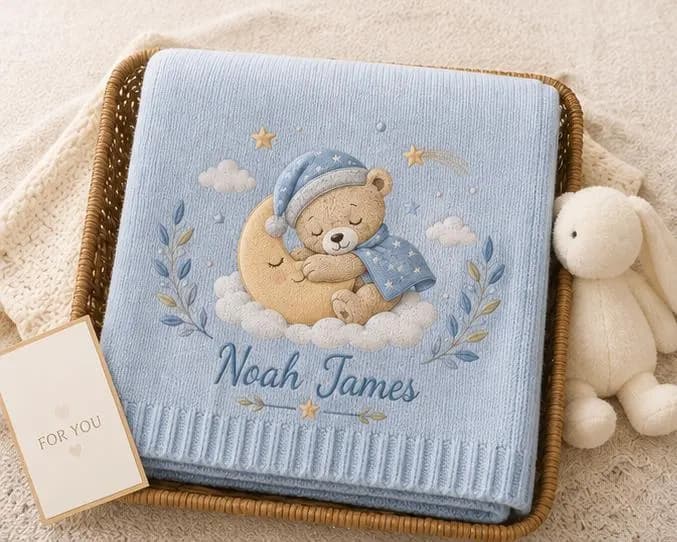 Custom Name Baby Blanket, Personalized Teddy Bear Embroidered Blanket, Newborn Baby Shower Gift, Soft Knit Nursery Blanket - image 2