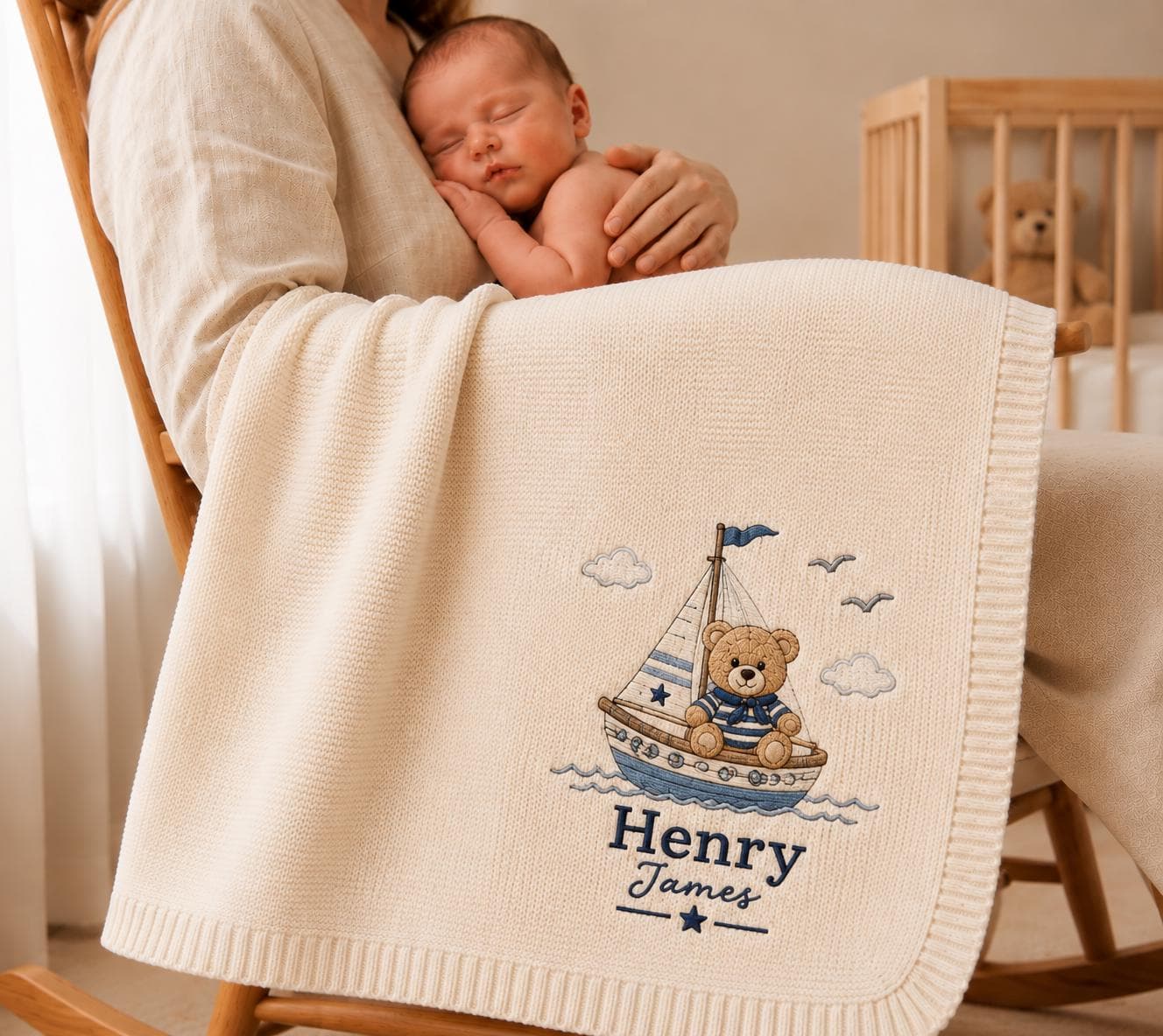 Personalized Teddy Bear Baby Blanket with Name, Custom Embroidered Nautical Blanket, Sailboat Nursery Blanket, Baby Shower Gift