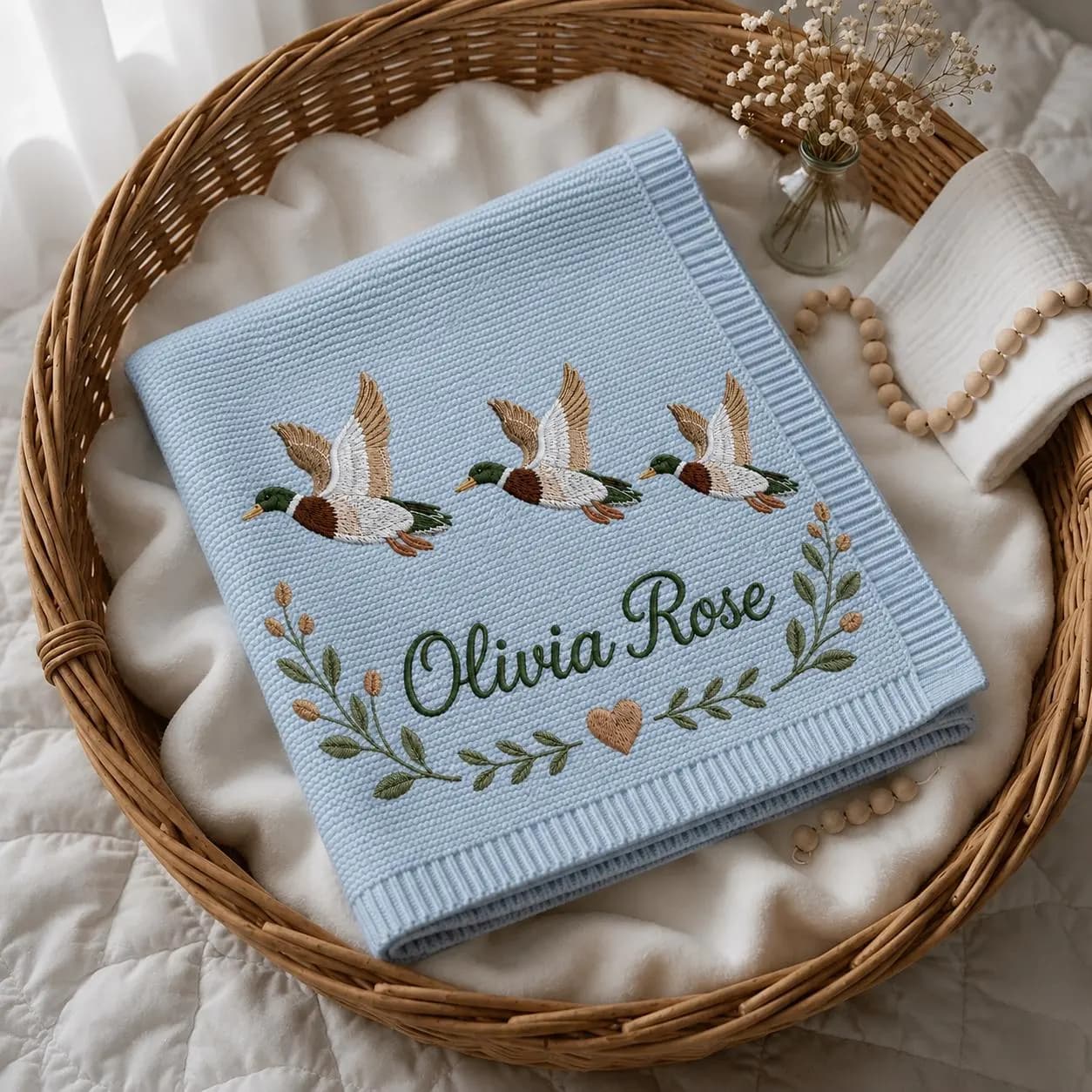 Personalized Mallard Duck Baby Blanket, Custom Embroidered Name Blanket, Flying Duck Nursery Blanket, Baby Shower Gift, Newborn Keepsake