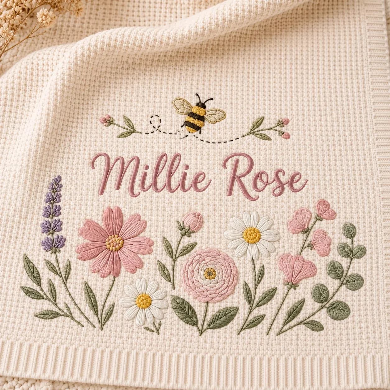 Personalized Floral Baby Blanket, Custom Name Knitted Baby Blanket, Newborn Keepsake Gift, Nursery Throw, Baby Shower Gift