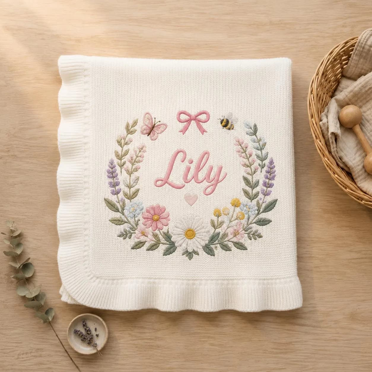 Personalized Baby Blanket, Custom Name Knit Blanket, Wildflower Wreath Baby Blanket, Baby Girl Nursery Gift, Newborn Keepsake - image 4