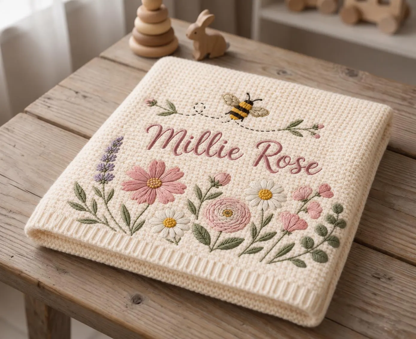 Personalized Floral Baby Blanket, Custom Name Knitted Baby Blanket, Newborn Keepsake Gift, Nursery Throw, Baby Shower Gift - image 4