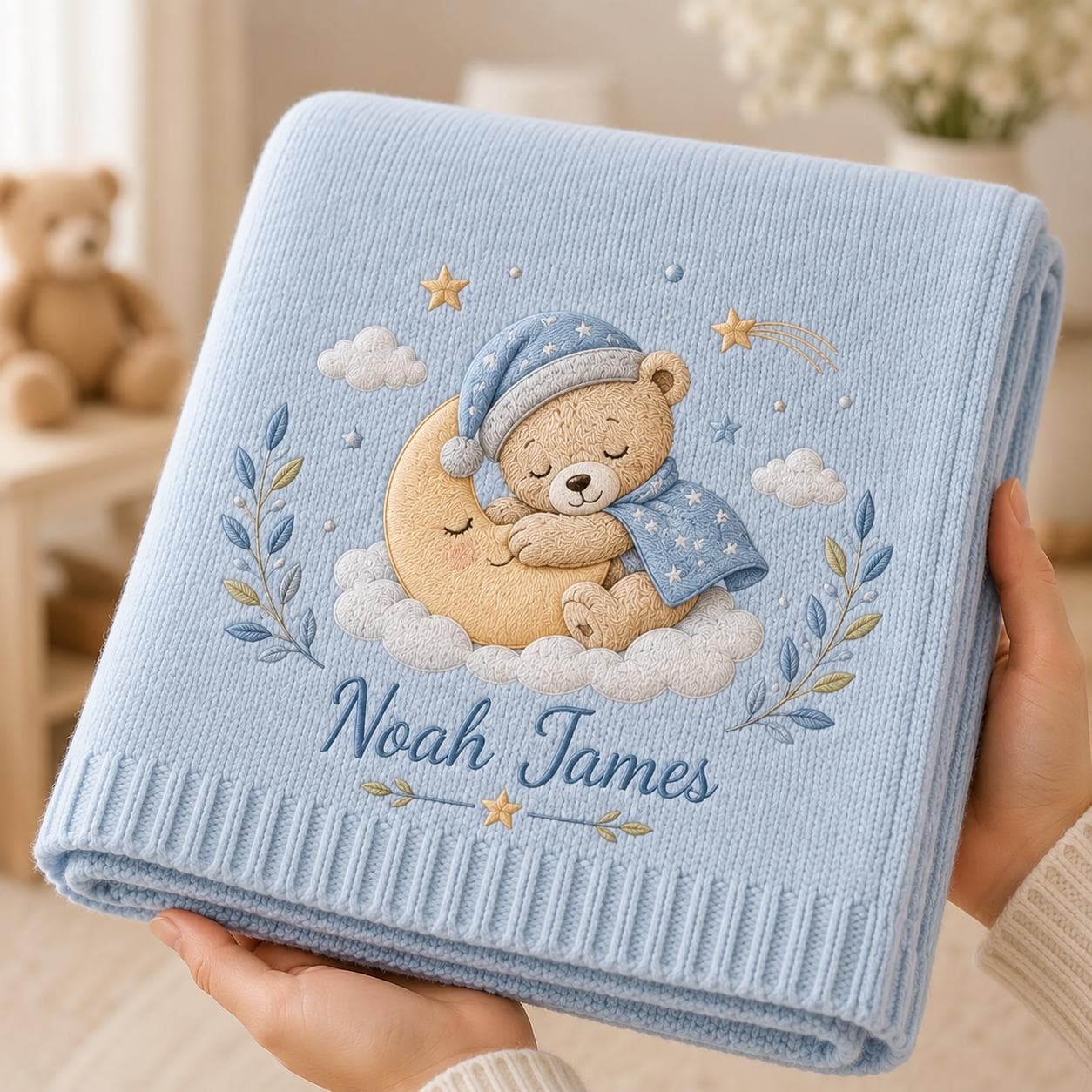 Custom Name Baby Blanket, Personalized Teddy Bear Embroidered Blanket, Newborn Baby Shower Gift, Soft Knit Nursery Blanket