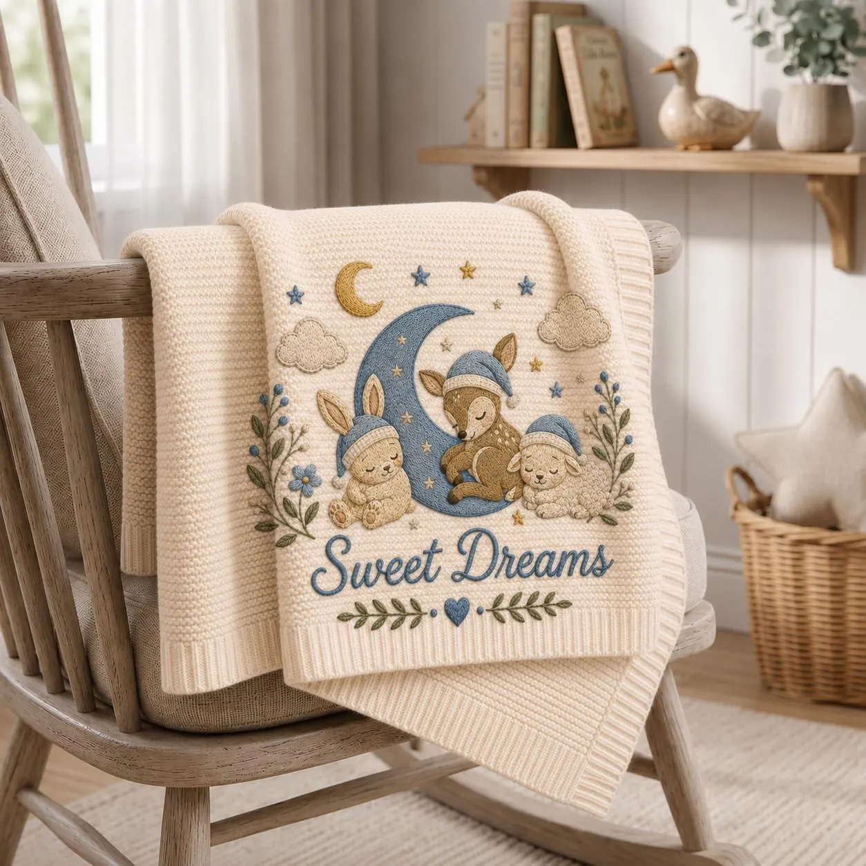 Personalized Baby Blanket, Custom Name Blanket, Baby Shower Gift, Soft Knit Nursery Decor, Embroidered Sleeping Deer Bunny & Lamb Throw