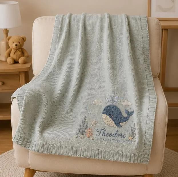 Personalized Baby Blanket Custom Name Embroidered Whale Blanket, Ocean Nursery Knit Blanket, Newborn Baby Shower Gift - image 3