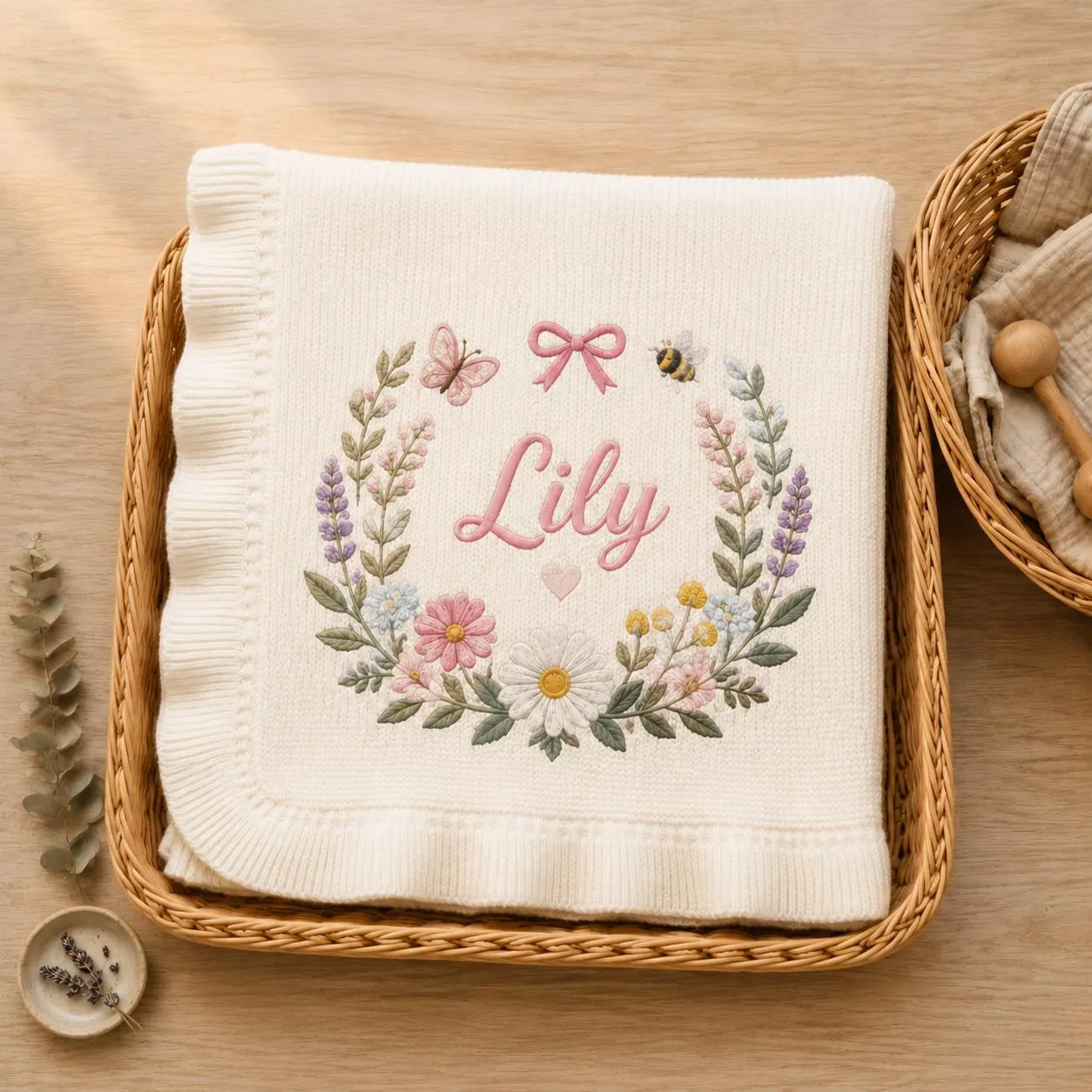 Personalized Baby Blanket, Custom Name Knit Blanket, Wildflower Wreath Baby Blanket, Baby Girl Nursery Gift, Newborn Keepsake