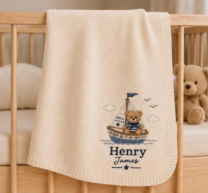 Personalized Teddy Bear Baby Blanket with Name, Custom Embroidered Nautical Blanket, Sailboat Nursery Blanket, Baby Shower Gift - image 5