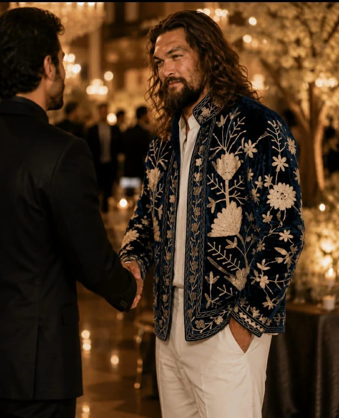 Men's Navy Velvet Embroidered Jacket, Gold Floral Designer Jacket for Men - image 3