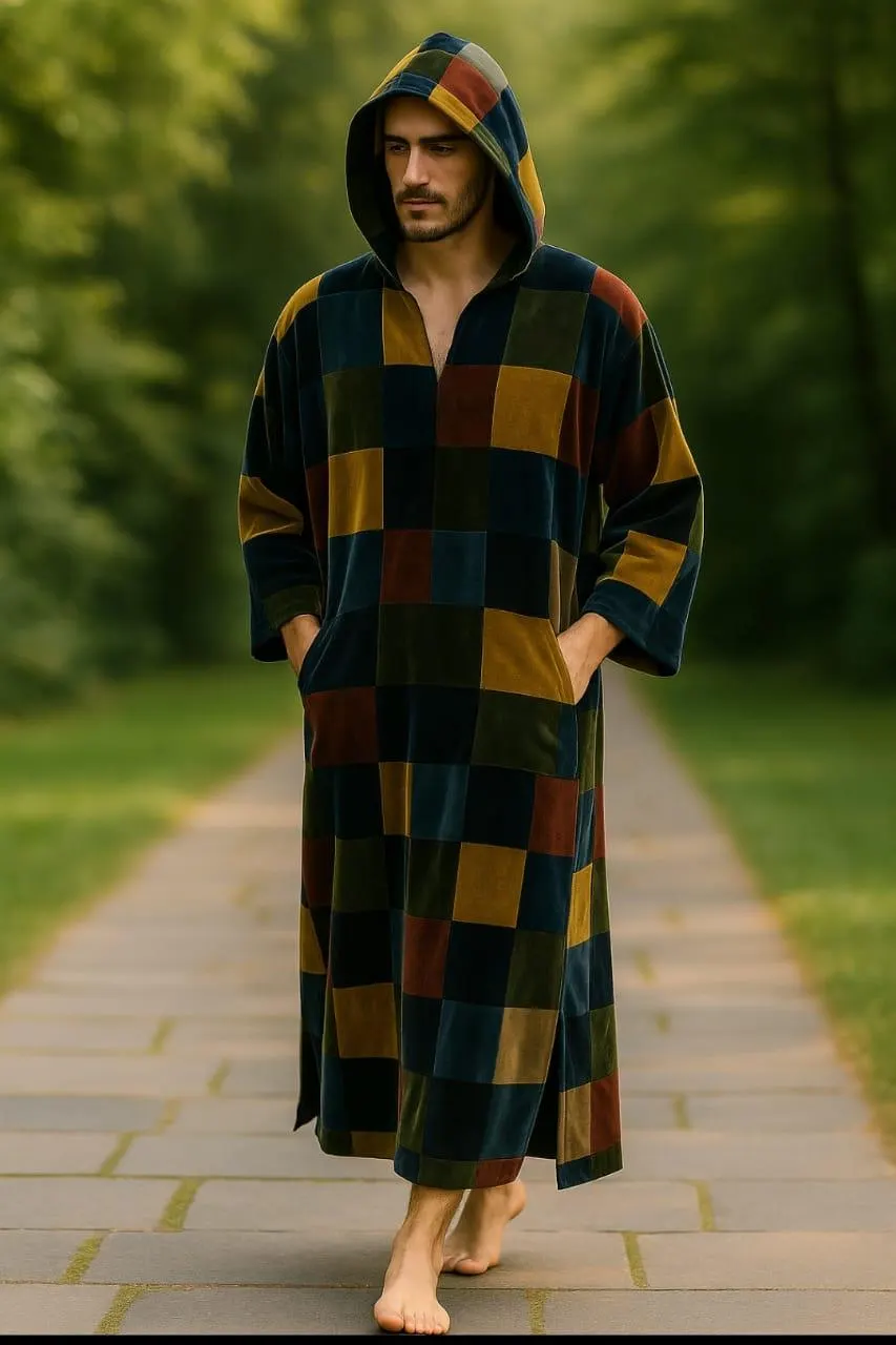 Men Hooded Patchwork Kaftan | Velvet Moroccan Thobe | Vintage Long Robe
