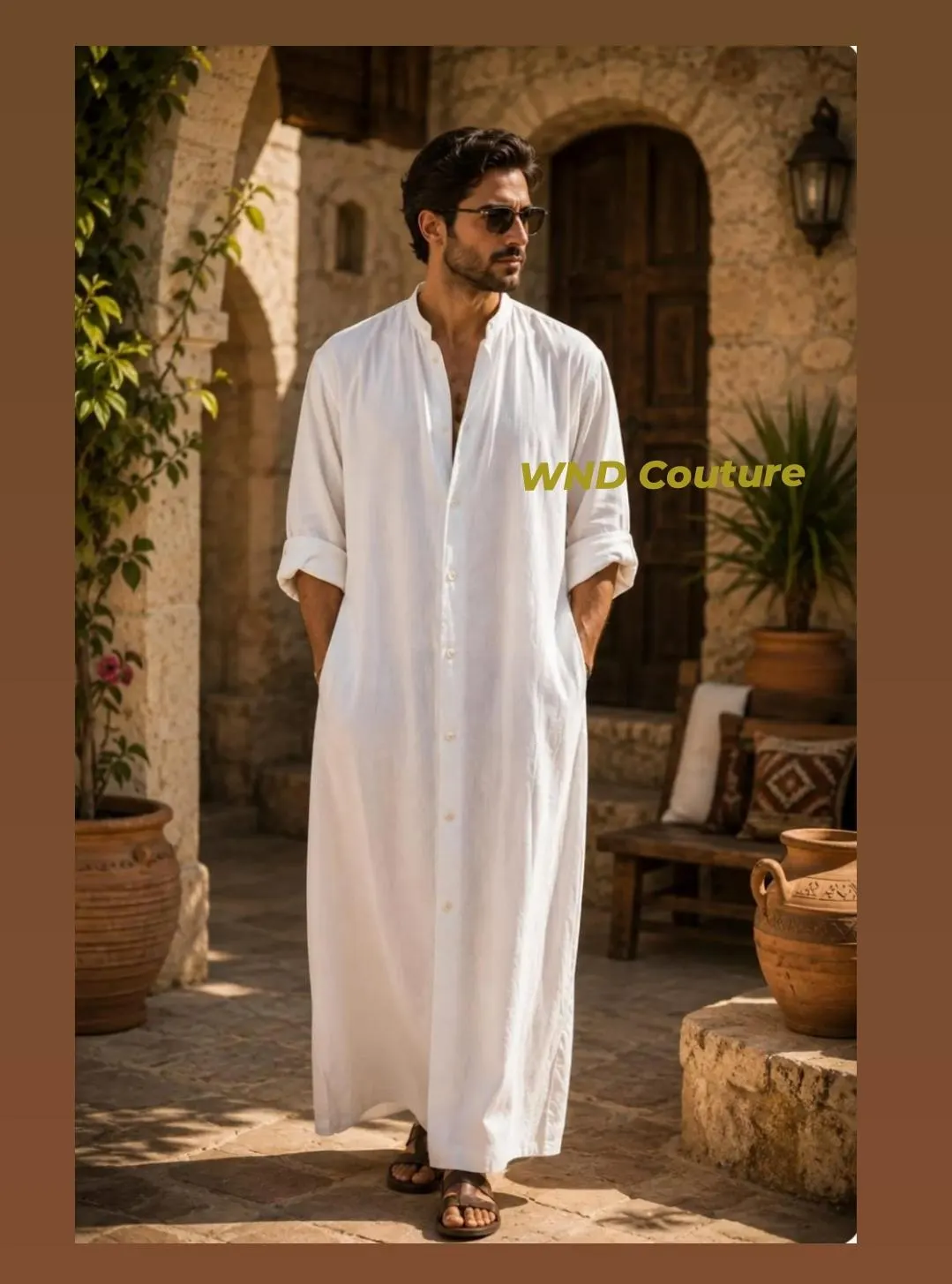 Men's White Linen Kaftan Robe: Loose Fit, Side Slits, Full Sleeves