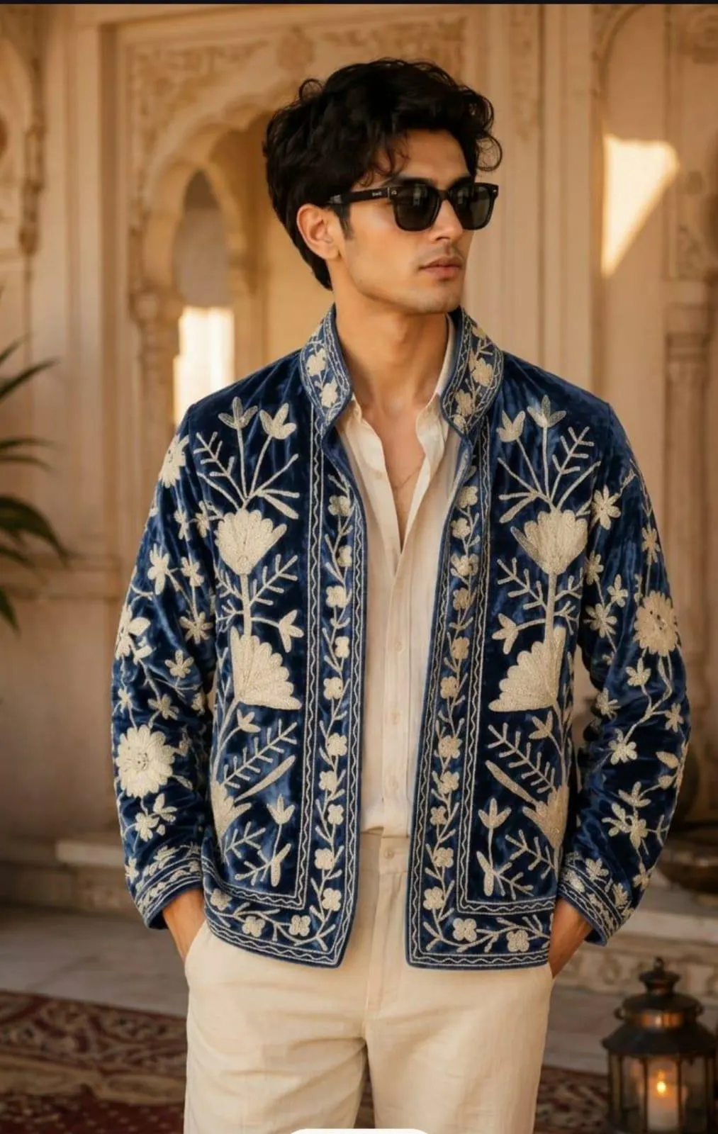 Men's Navy Velvet Embroidered Jacket, Gold Floral Designer Jacket for Men - image 5