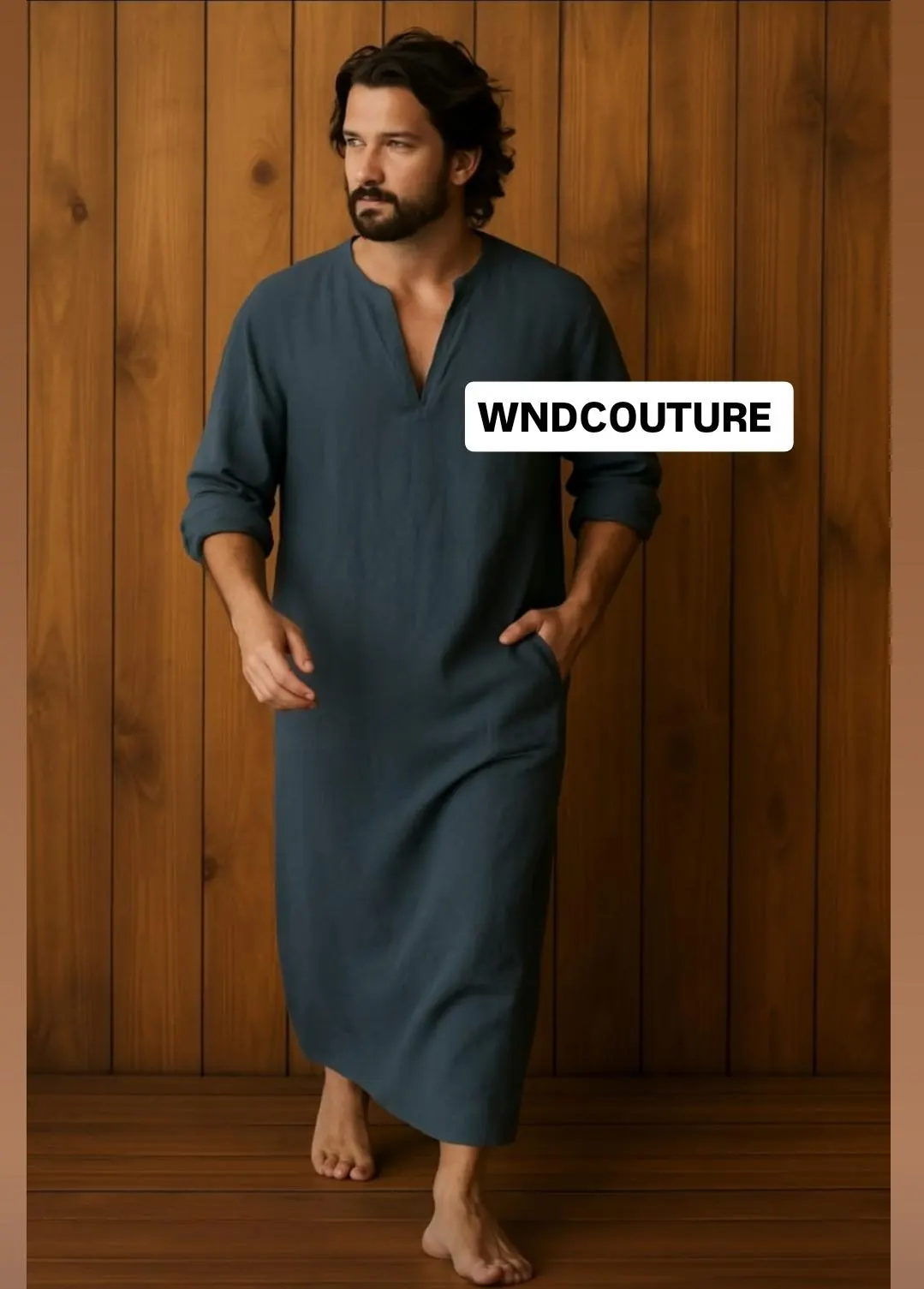Men's Slate Gray Linen Kaftan | Handmade Boho Tunic Robe - image 4
