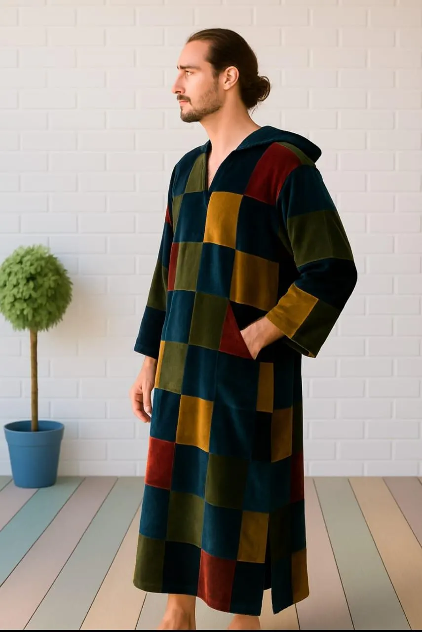 Men Hooded Patchwork Kaftan | Velvet Moroccan Thobe | Vintage Long Robe - image 5