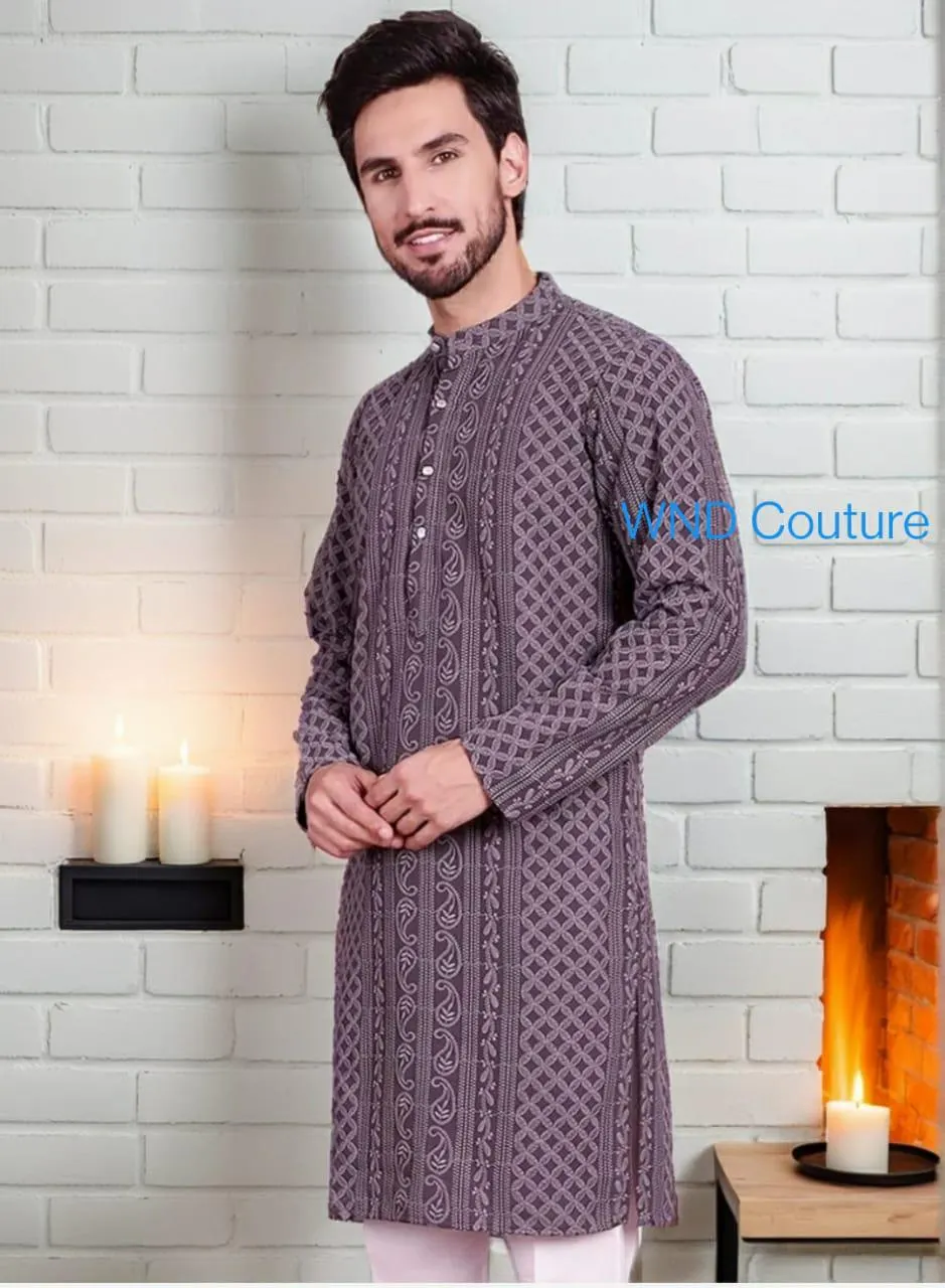Gray Chikankari Kurta Set: Indian Menswear, Eid Outfit - image 3
