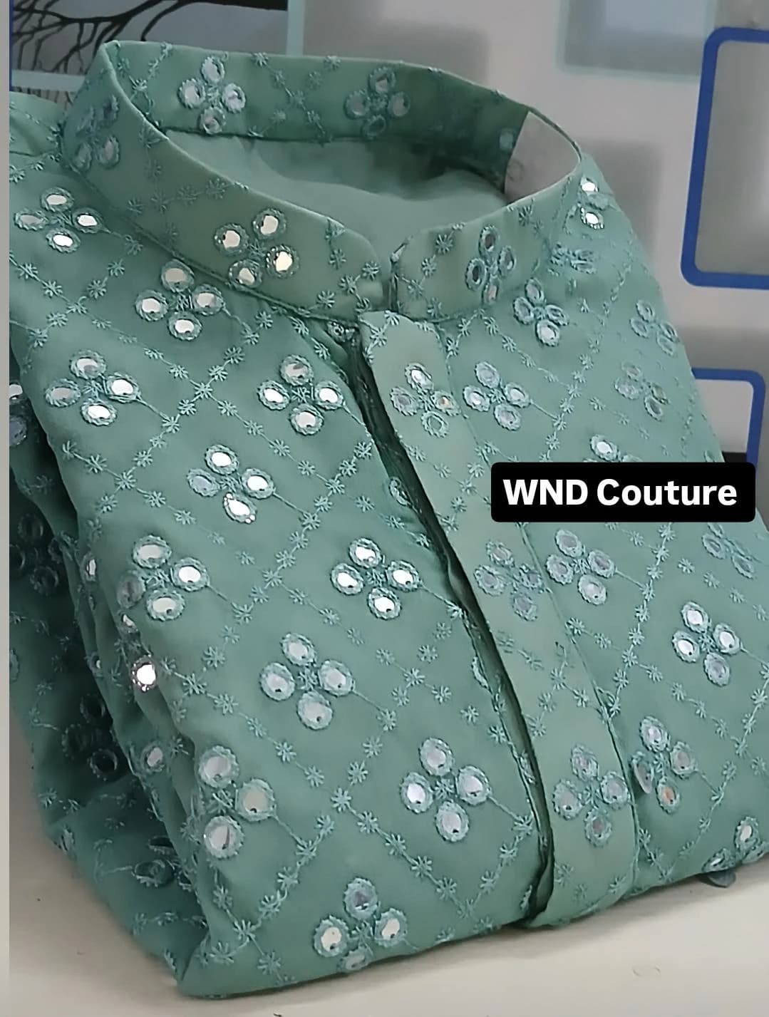 Spesial Custom Made kurta pastel green, mirror work kurta  with white pant set