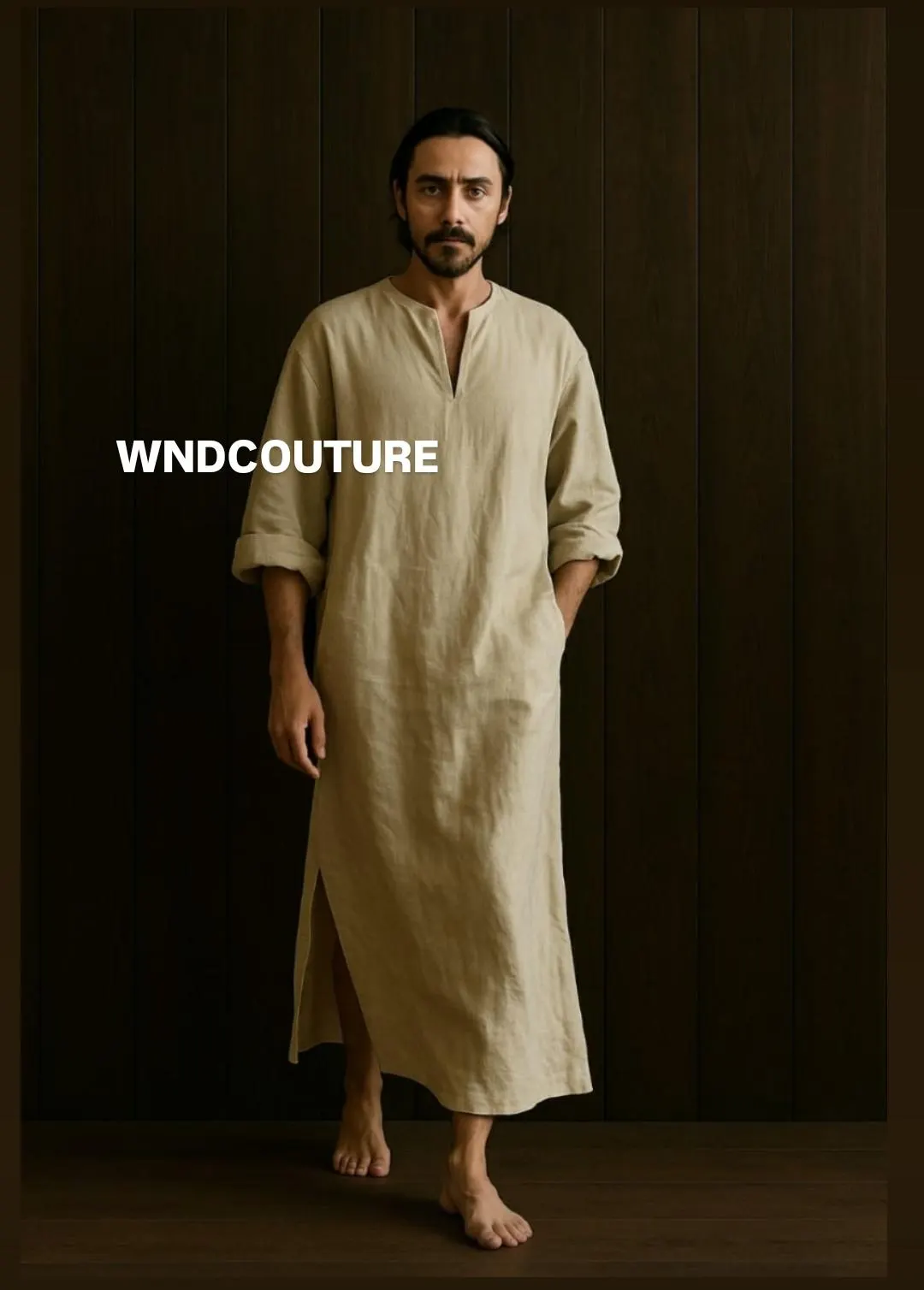 Men's  Off White Linen Caftan – Minimalist Long Robe, Resort Wear for Men - image 4