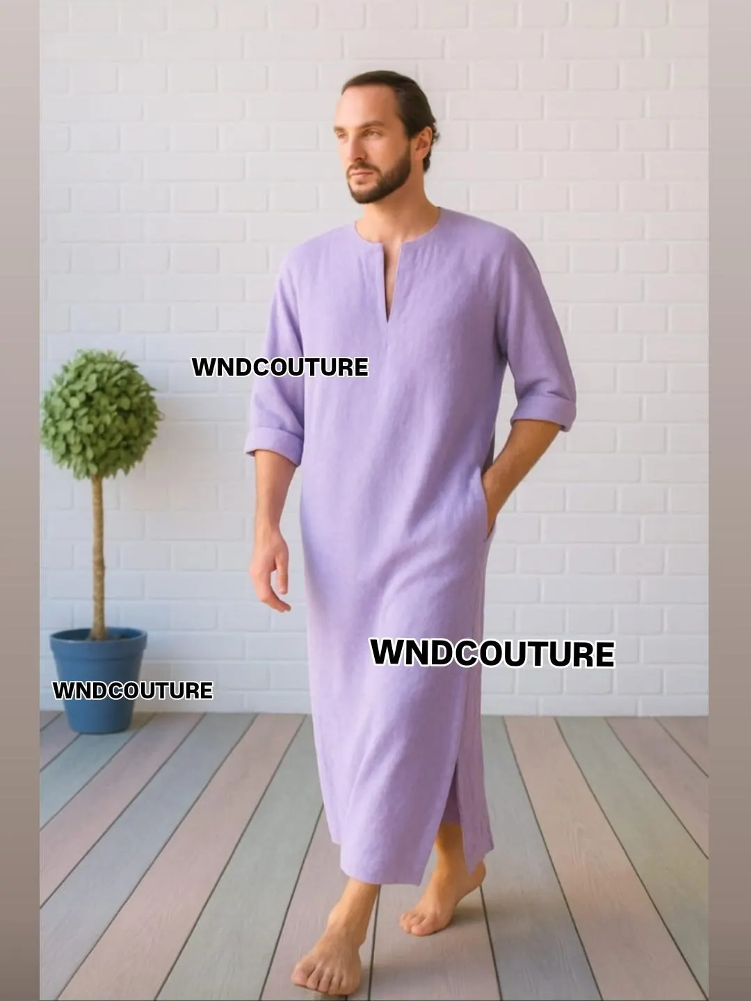 Men's Lavender Linen Caftan: Boho Beach Robe