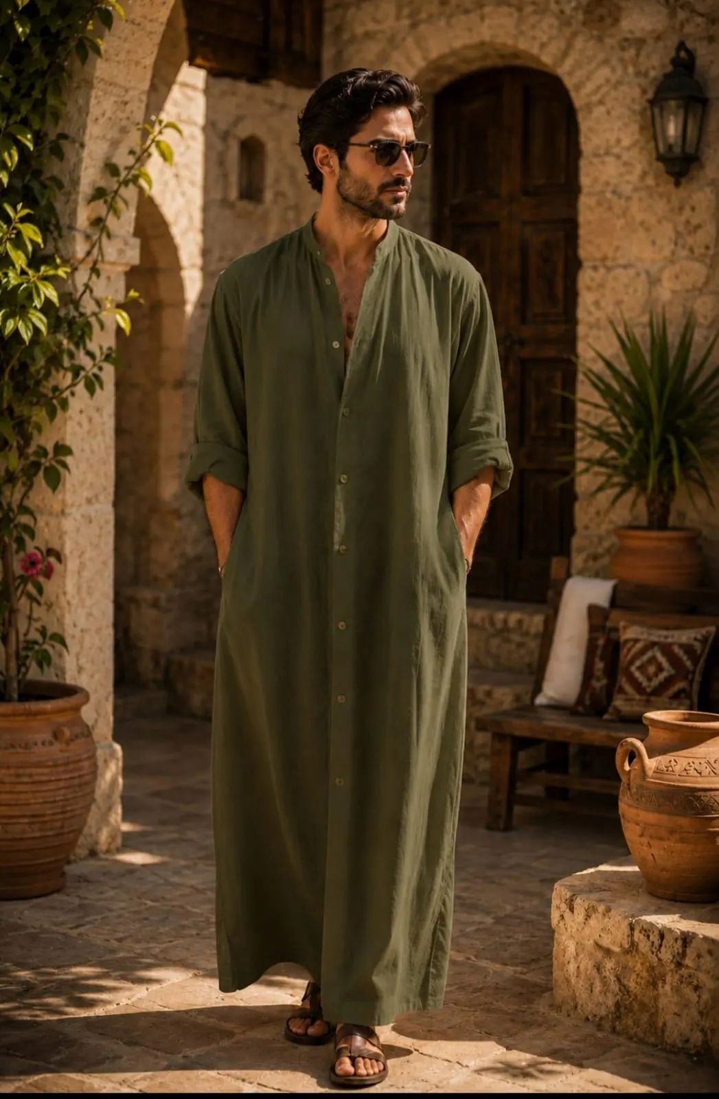 Men's White Linen Kaftan Robe: Loose Fit, Side Slits, Full Sleeves - image 4
