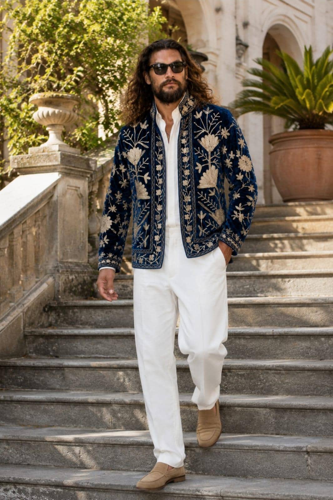 Men's Navy Velvet Embroidered Jacket, Gold Floral Designer Jacket for Men - image 4
