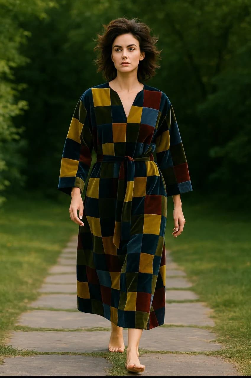 Women's  Moroccan Patchwork Velvet Kaftan Coat | Boho Winter Long Jacket Women