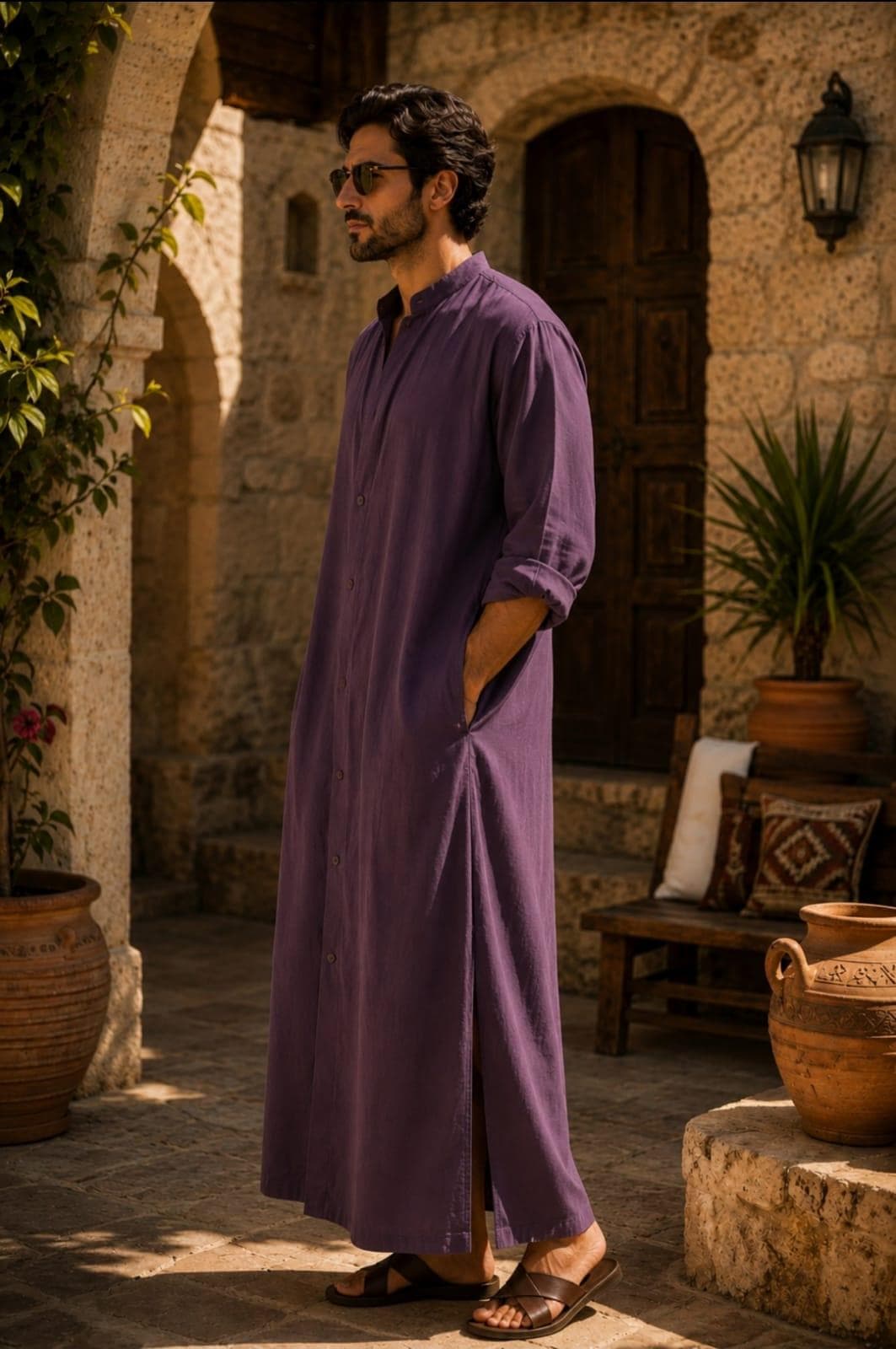 Men's White Linen Kaftan Robe: Loose Fit, Side Slits, Full Sleeves - image 5