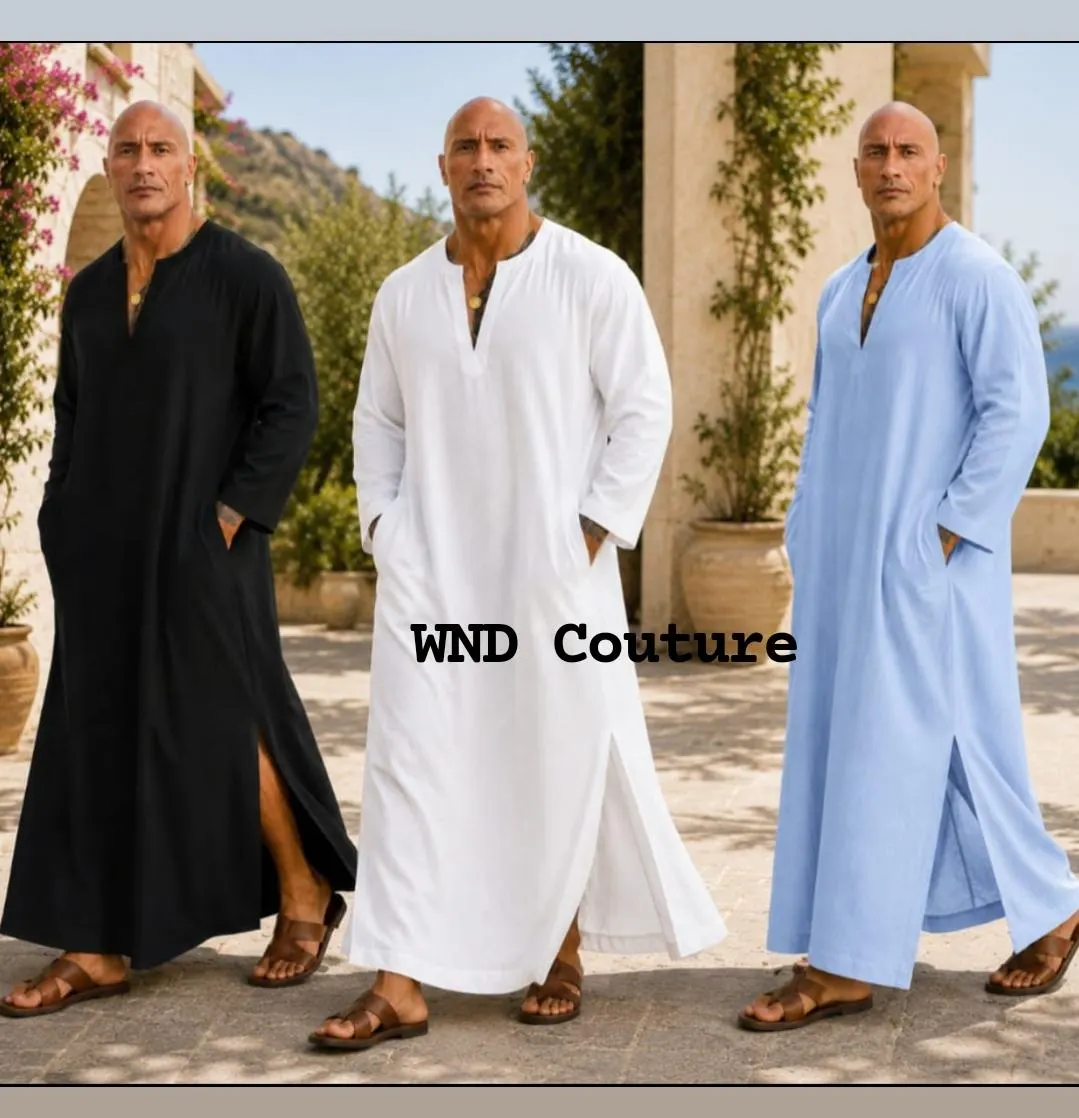Men's White Linen Kaftan Robe: Loose Fit, Side Slits, Full Sleeve