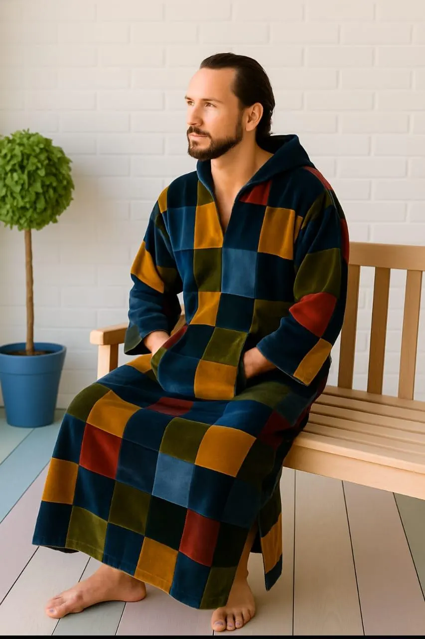 Men Hooded Patchwork Kaftan | Velvet Moroccan Thobe | Vintage Long Robe - image 4