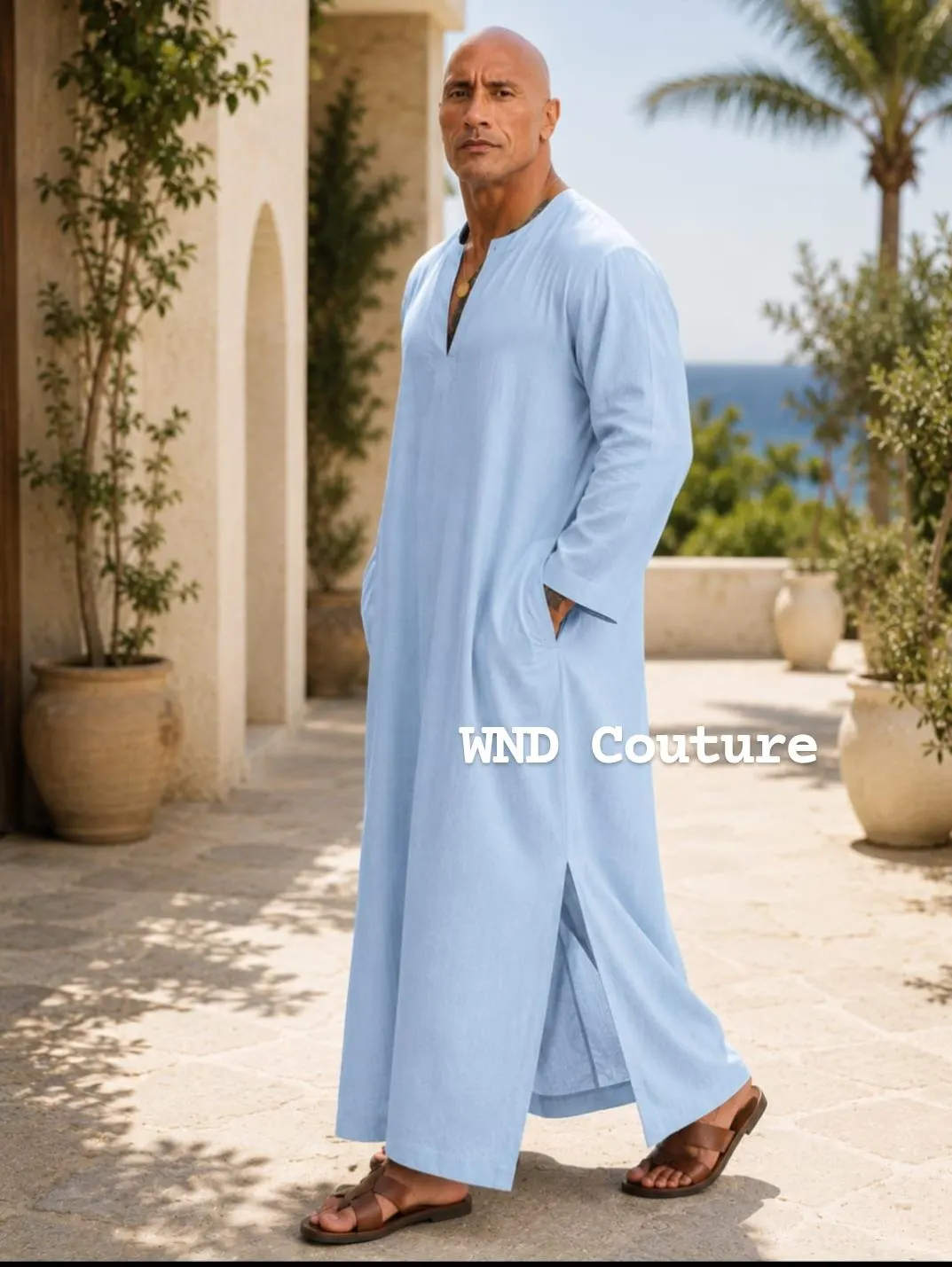 Men's White Linen Kaftan Robe: Loose Fit, Side Slits, Full Sleeve - image 4