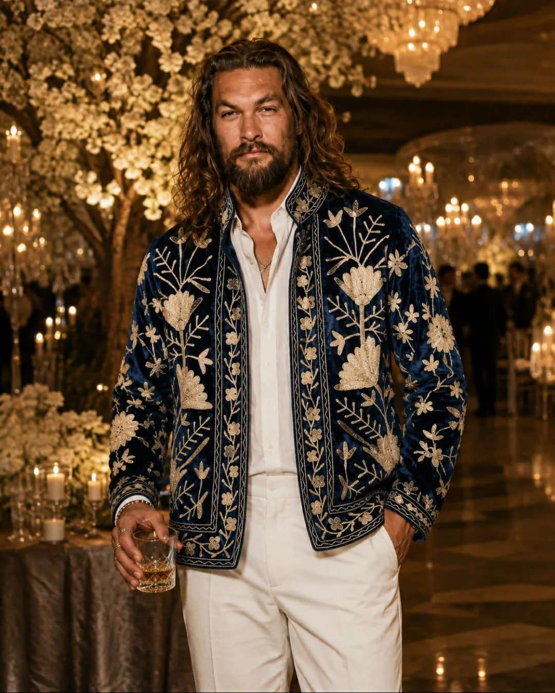 Men's Navy Velvet Embroidered Jacket, Gold Floral Designer Jacket for Men