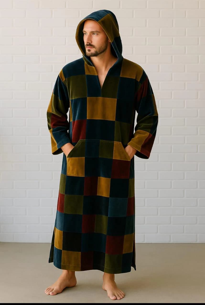 Men Hooded Patchwork Kaftan | Velvet Moroccan Thobe | Vintage Long Robe - image 3