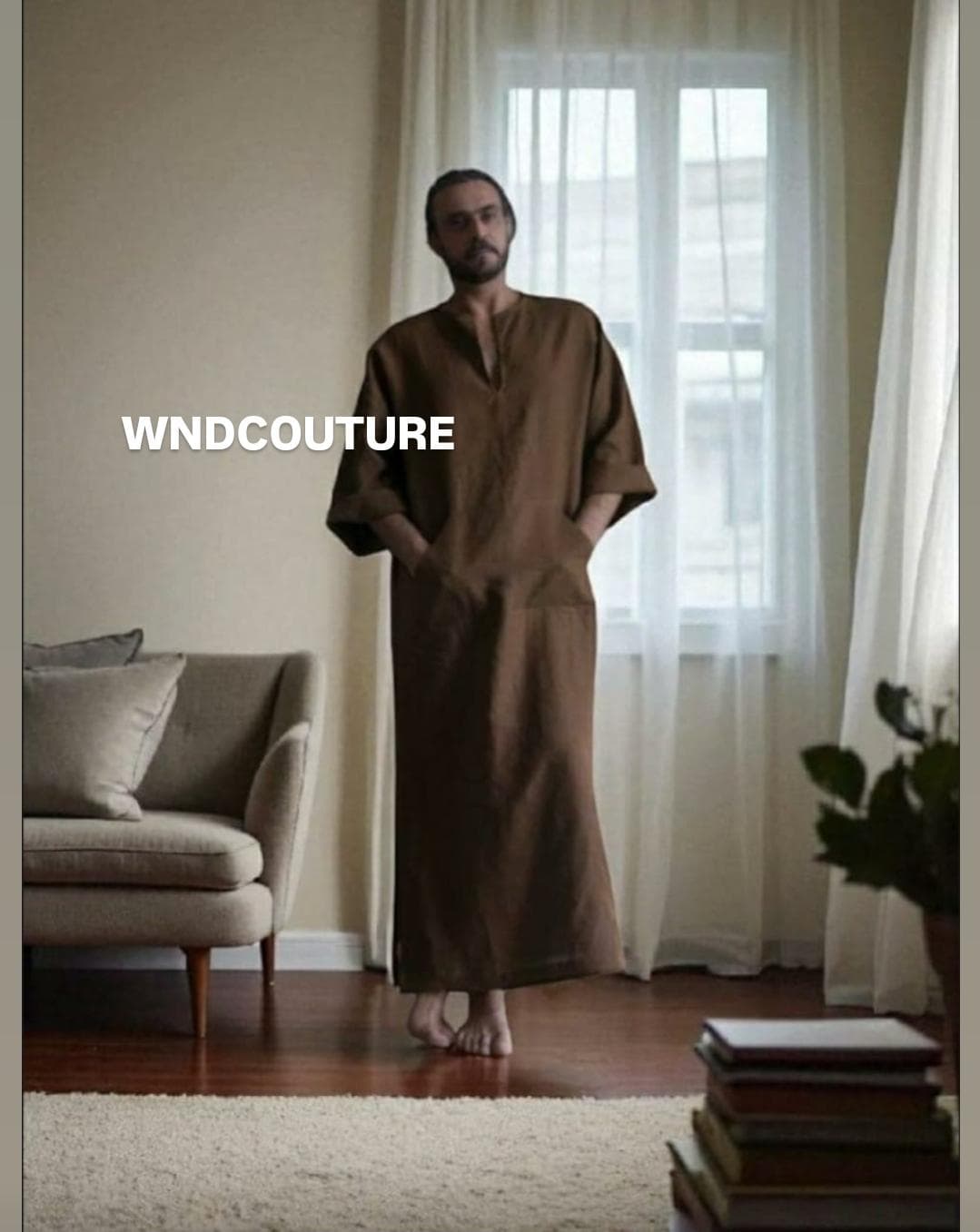 Men's  Off White Linen Caftan – Minimalist Long Robe, Resort Wear for Men - image 5