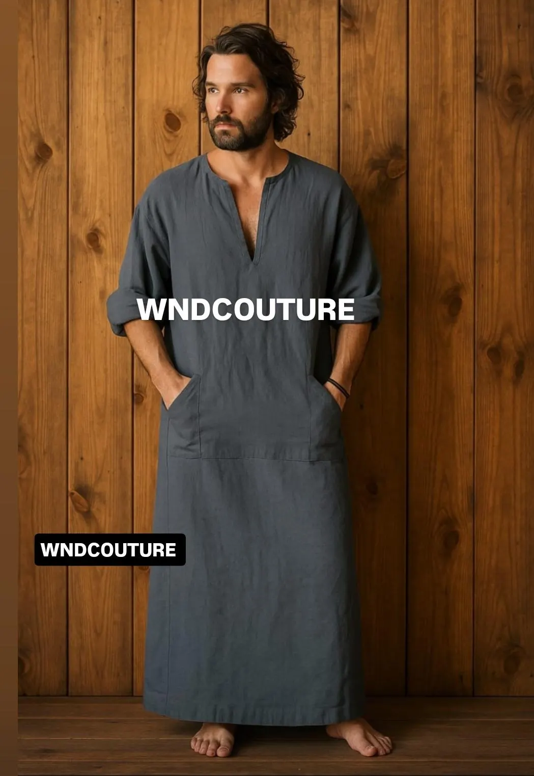 Men's Slate Gray Linen Kaftan | Handmade Boho Tunic Robe