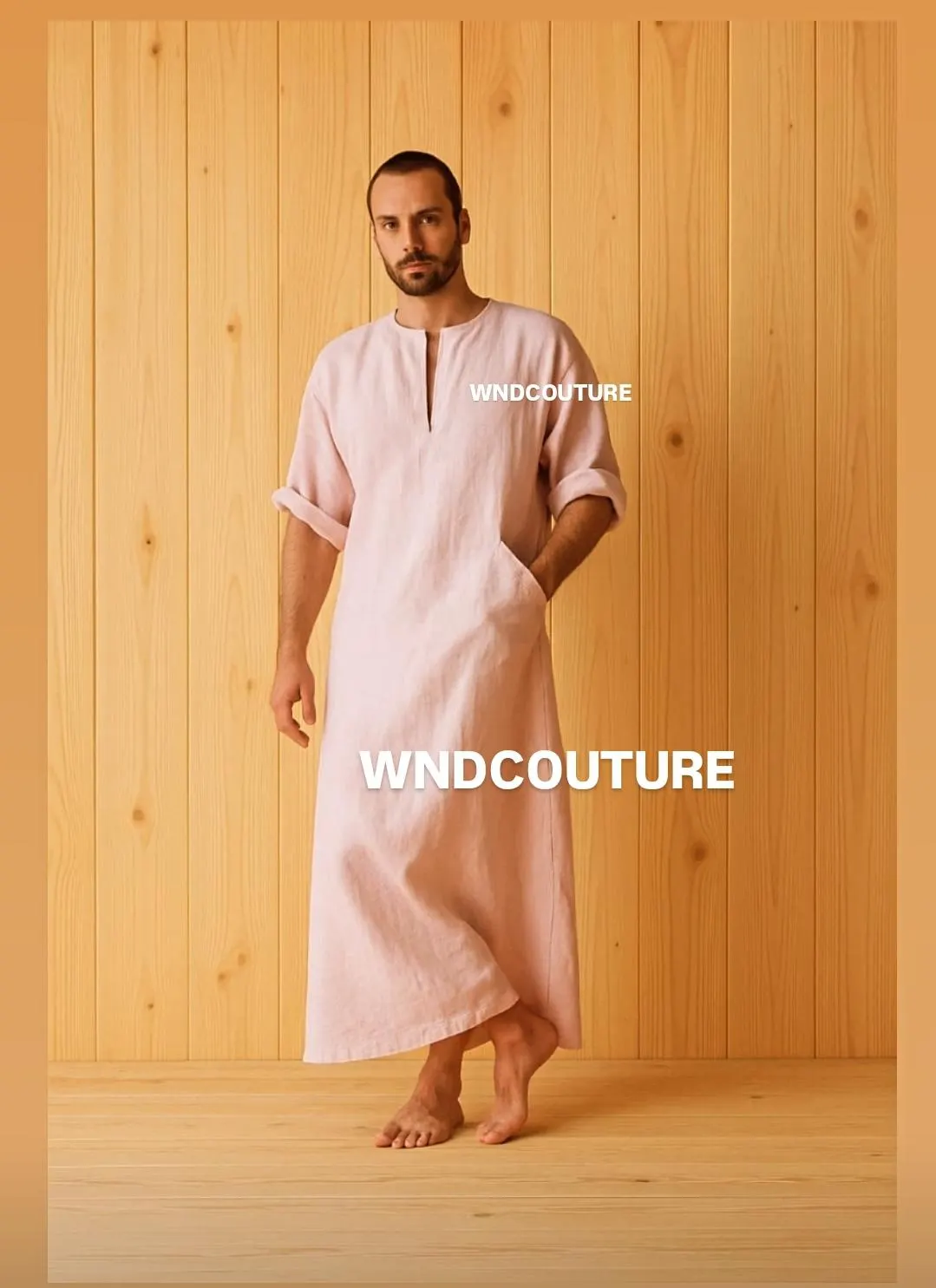 Men's  Off White Linen Caftan – Minimalist Long Robe, Resort Wear for Men - image 3