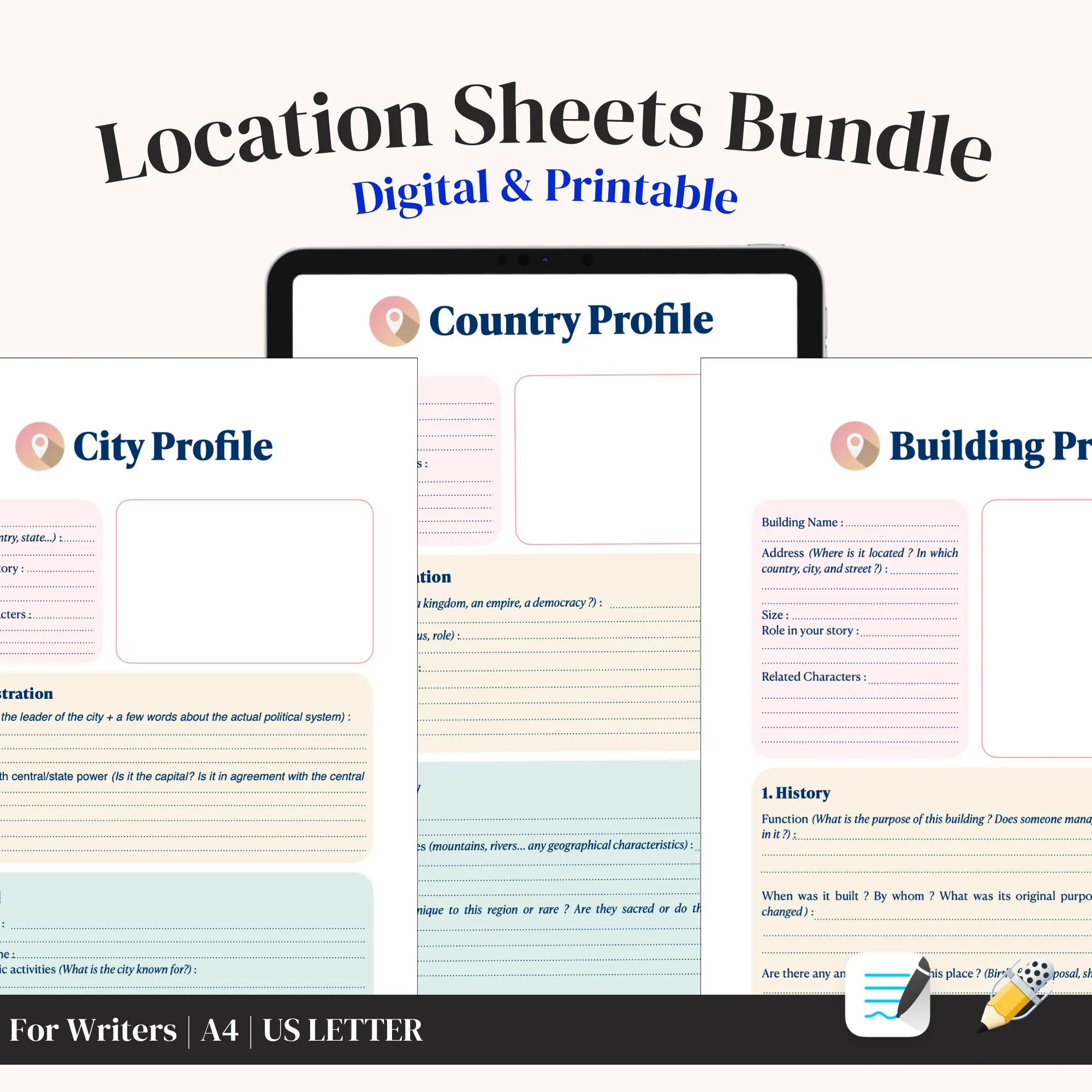 Locations Profile Sheets | NaNoWriMo Writers Workbook | Digital Printable | Goodnotes Notability | Writing Tool Template | Novel Planner