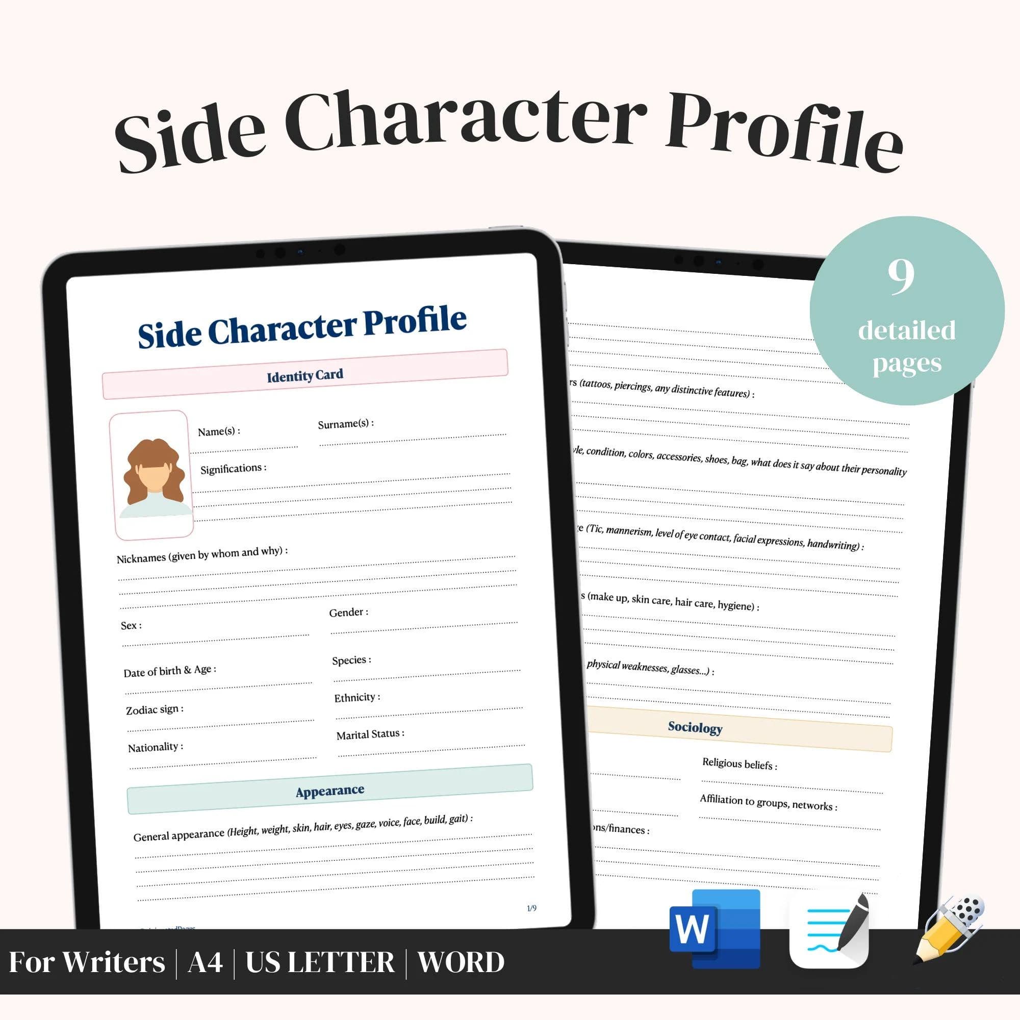 Side Character Sheet | NaNoWriMo | Writing a novel | Digital & Printable | Novel Planner | RPG and Dnd Character