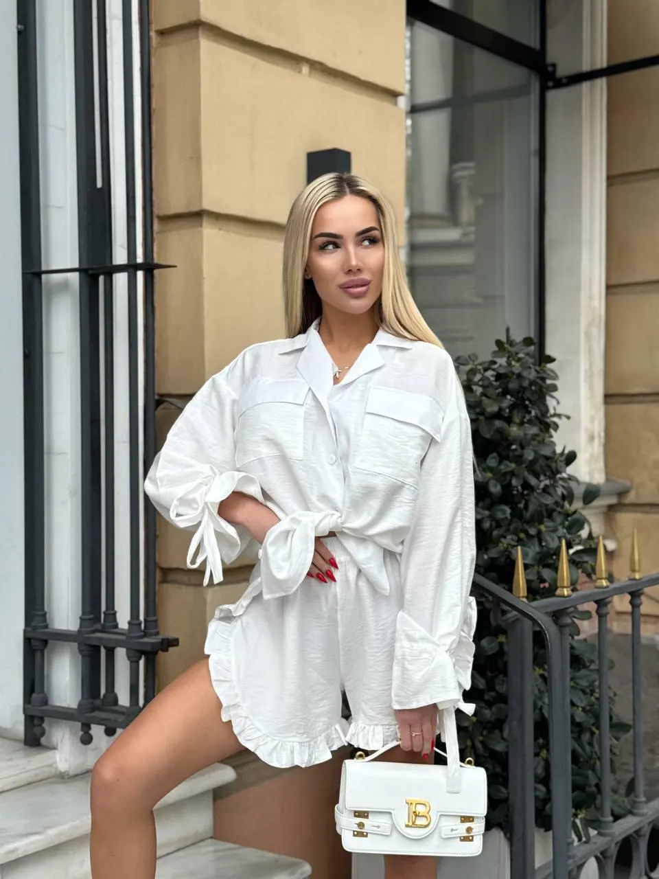 Crinkled Linen Two-Piece Set: Oversized Shirt & Ruffle Shorts