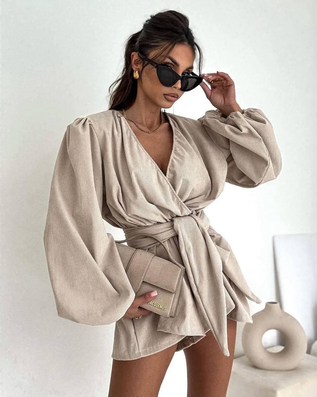 Beige Corduroy Romper – Women’s Belted Playsuit with Long Sleeves | Casual Chic Outfit
